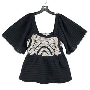 Sarah Hann Crochet Bib Blouse Women S Black Boho Flutter Sleeve Peplum